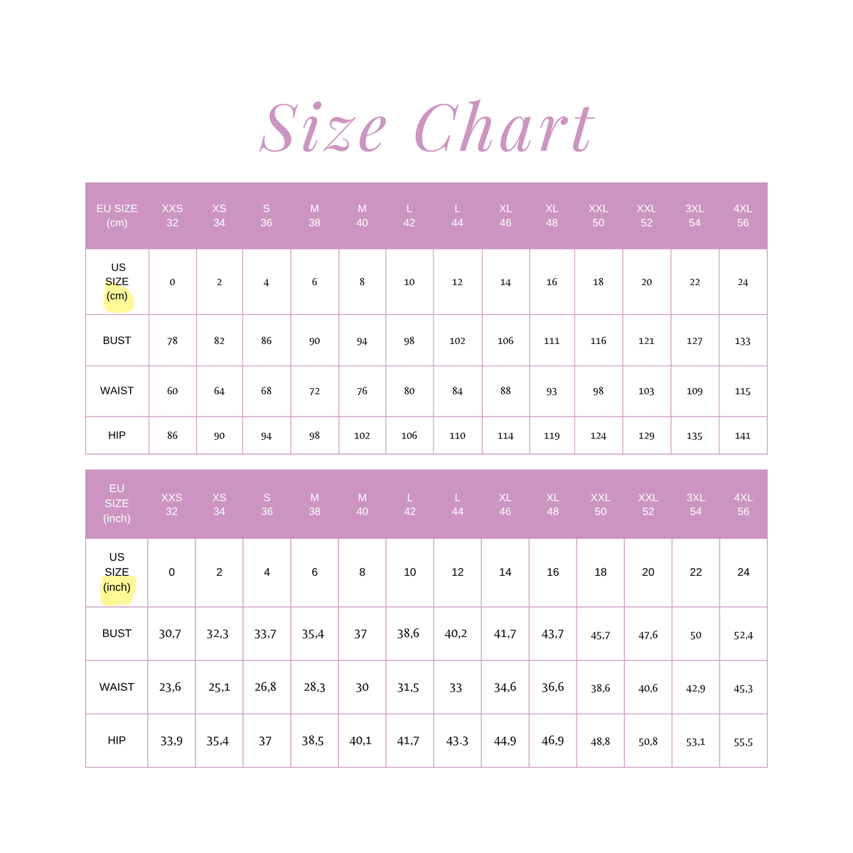 Linnea Blouse & Dress size chart in cm and inches
