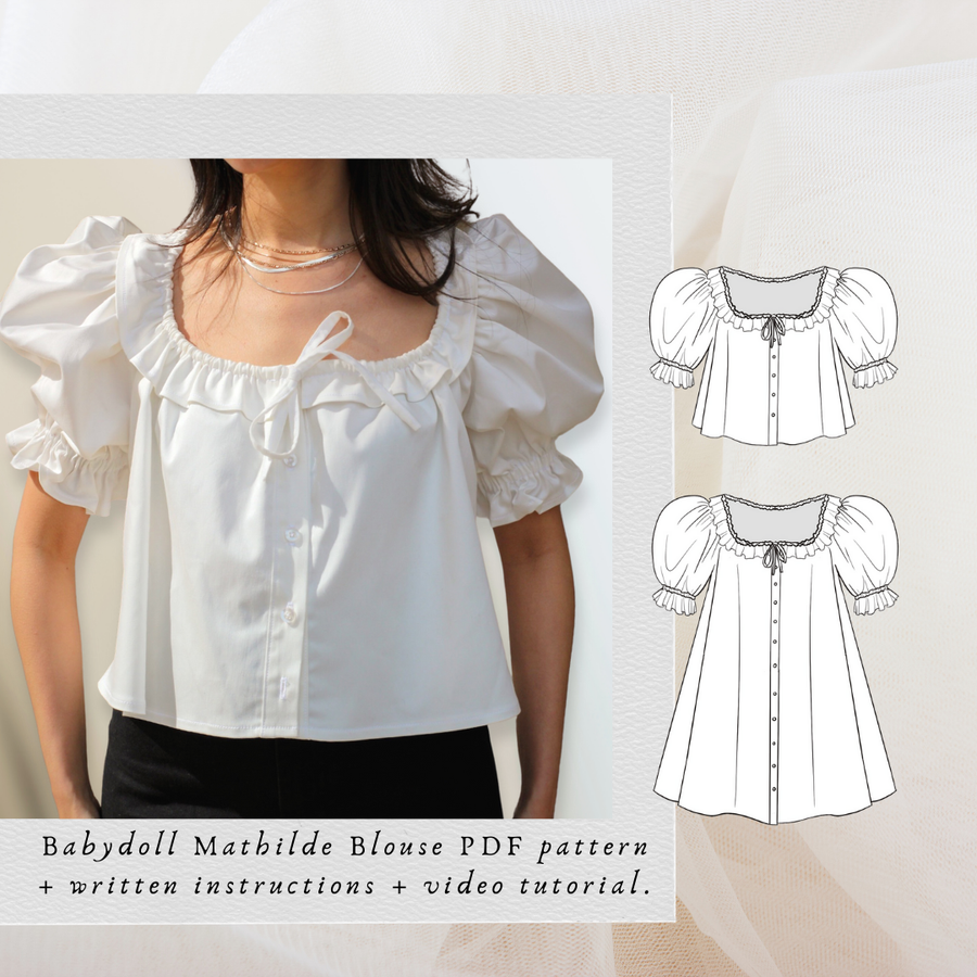 Mathilde Babydoll Blouse PDF sewing pattern: white puff-sleeve blouse with technical drawings