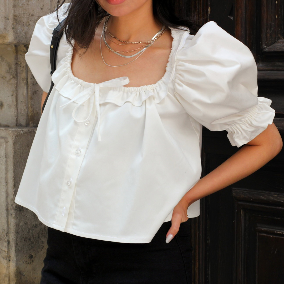 White Mathilde blouse with extra-puffy sleeves and ruffled square neckline