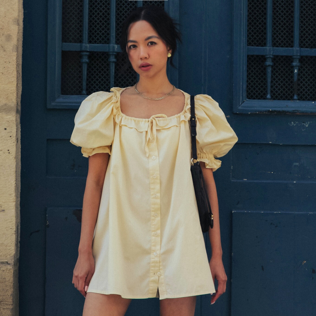Mathilde babydoll dress with puff sleeves and button placket