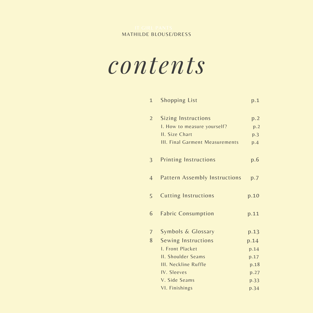 Mathilde Blouse instruction booklet contents page