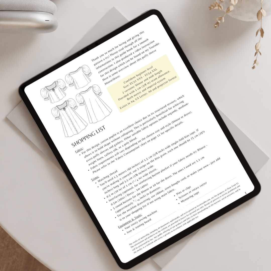 Mathilde Blouse shopping list page shown on a tablet