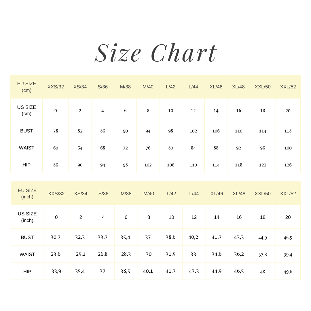 Mathilde Blouse size chart in cm and inches