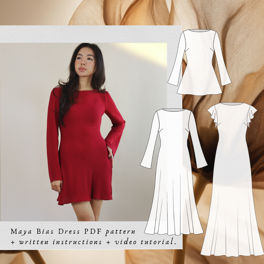 Maya Bias Dress PDF sewing pattern: red bias-cut mini dress with long flared sleeves and technical drawings
