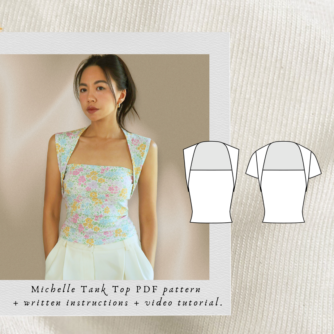 Michelle Contour Top PDF sewing pattern: floral knit top with shoulder straps and technical drawings
