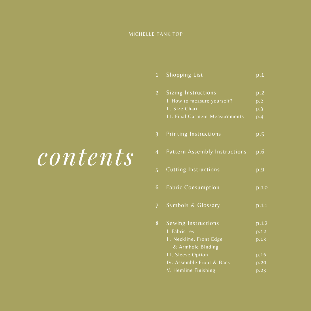 Michelle Top instruction booklet contents page