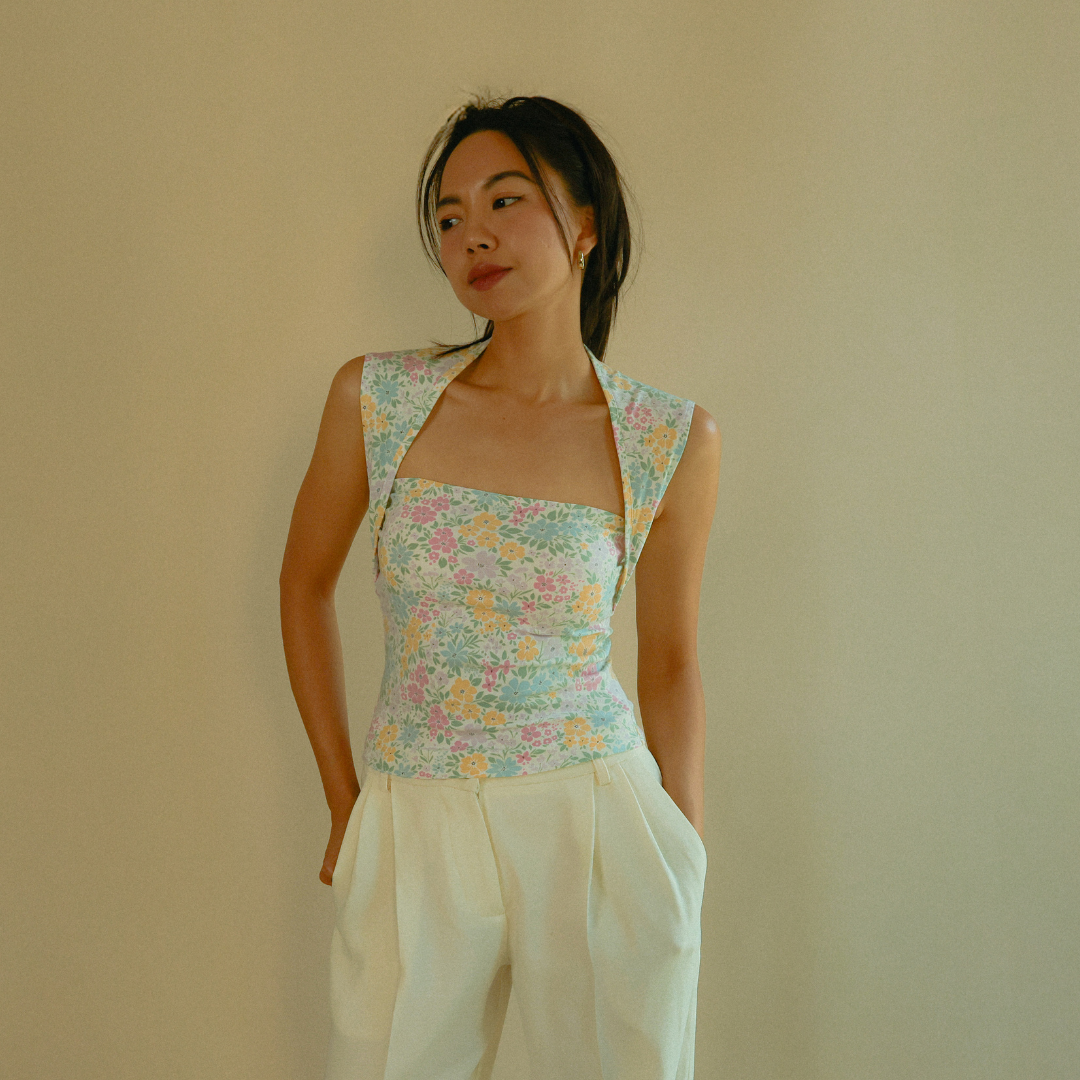 Floral Michelle Contour Top styled with cream trousers