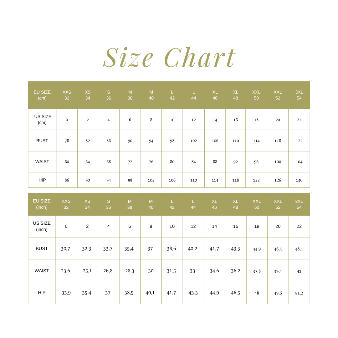 Michelle Contour Top size chart in cm and inches