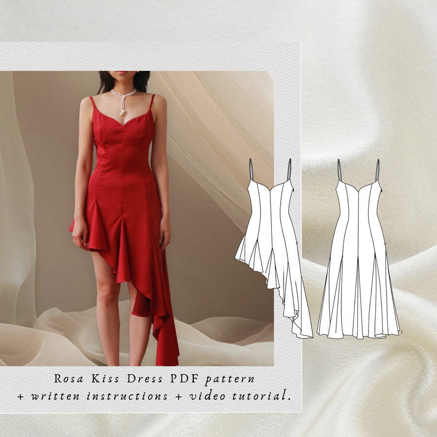 Rosa Kiss Dress PDF sewing pattern: red high-low godet dress with technical drawings