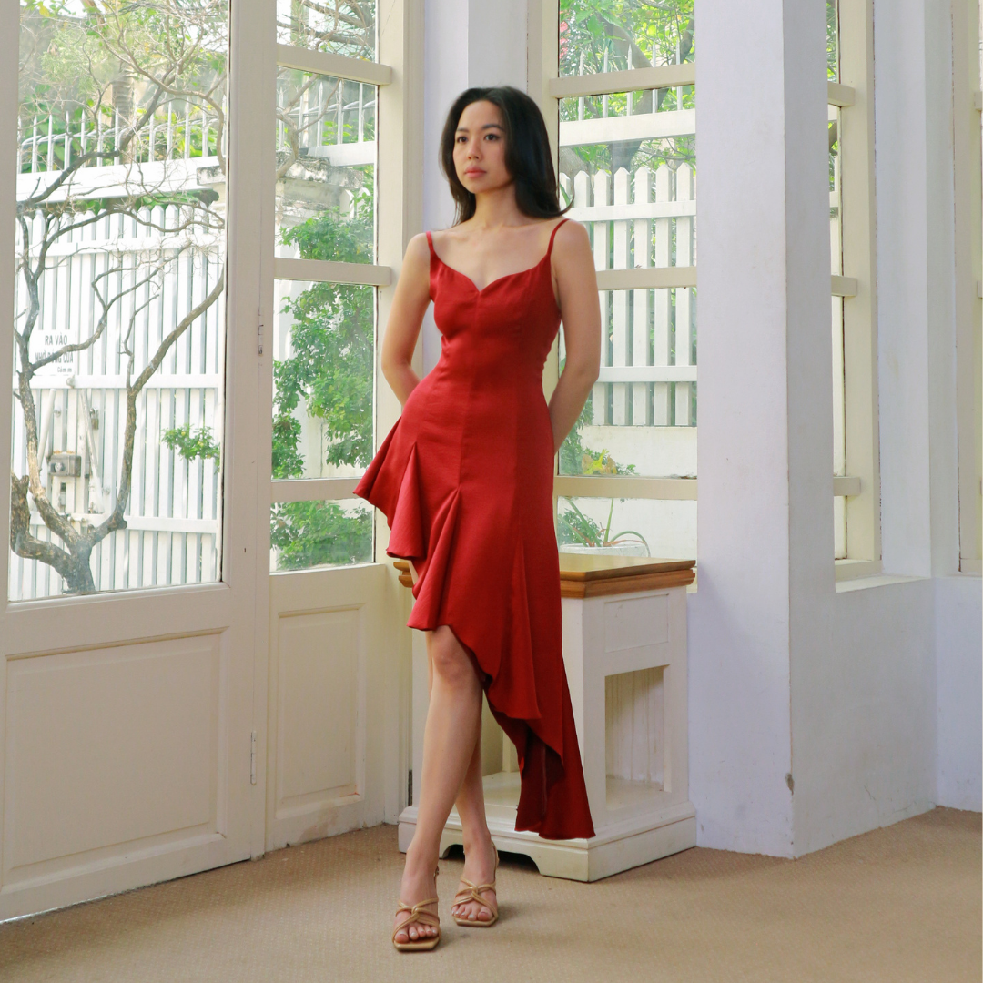 Red Rosa Kiss high-low dress with sweetheart neckline