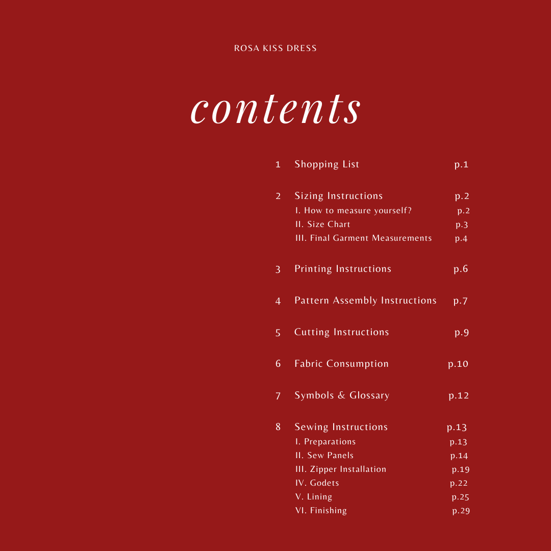 Rosa Kiss Dress instruction booklet contents page