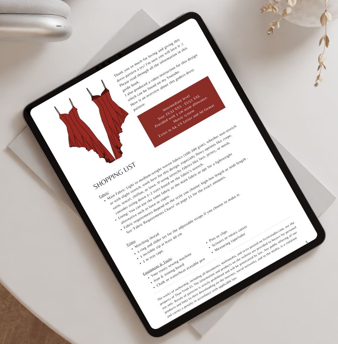 Rosa Kiss Dress shopping list page shown on a tablet