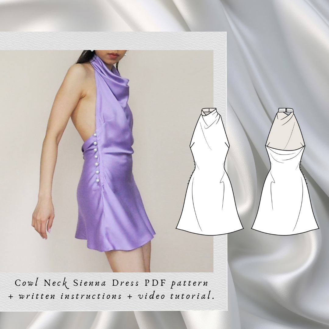 Sienna Cowl Neck Dress PDF sewing pattern: lilac satin backless mini dress with technical drawings