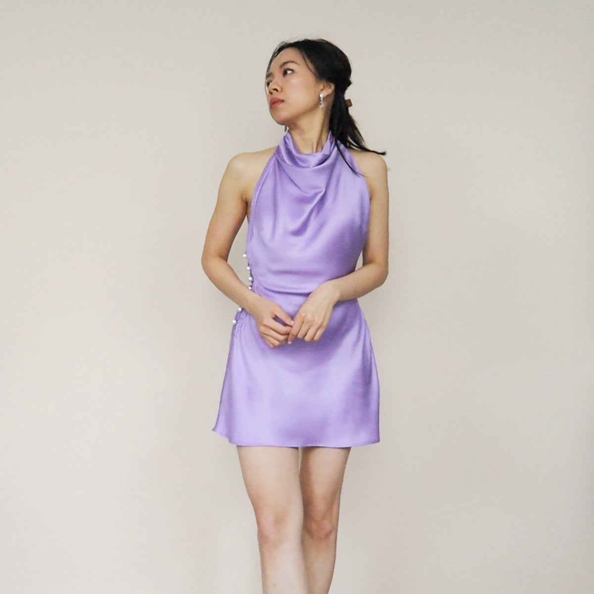 Lilac satin Sienna cowl neck mini dress