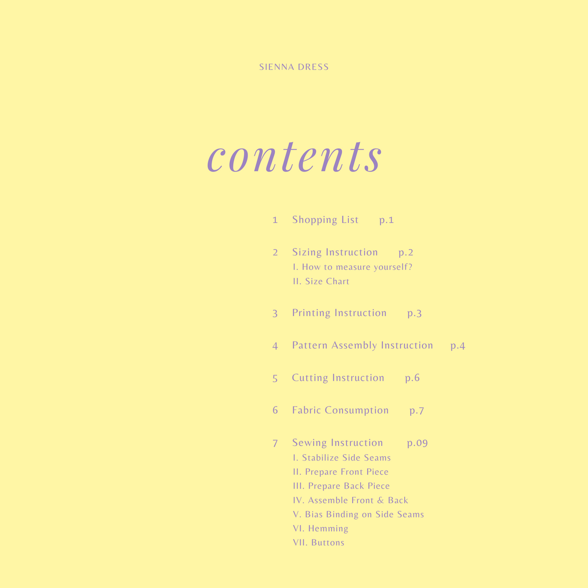 Sienna Dress instruction booklet contents page