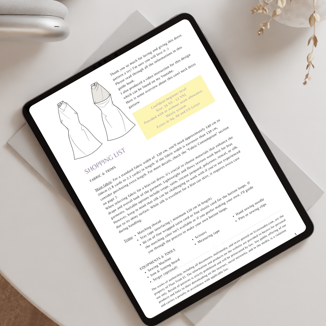 Sienna Dress shopping list page shown on a tablet