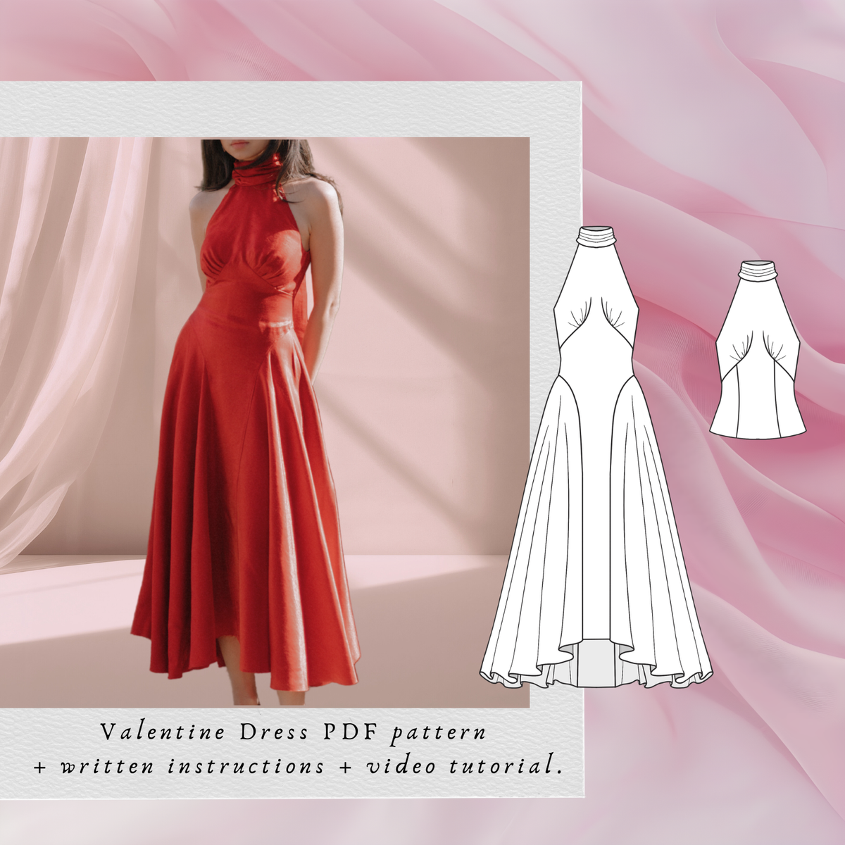 Valentine Dress PDF sewing pattern: red halter neck midi dress with technical drawings