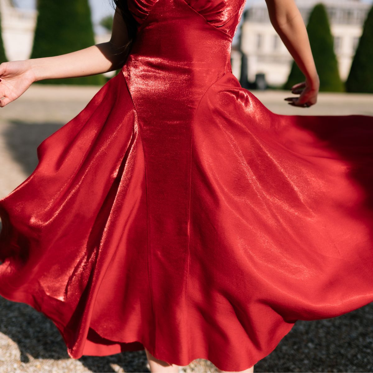 Valentine Dress skirt in motion, red satin