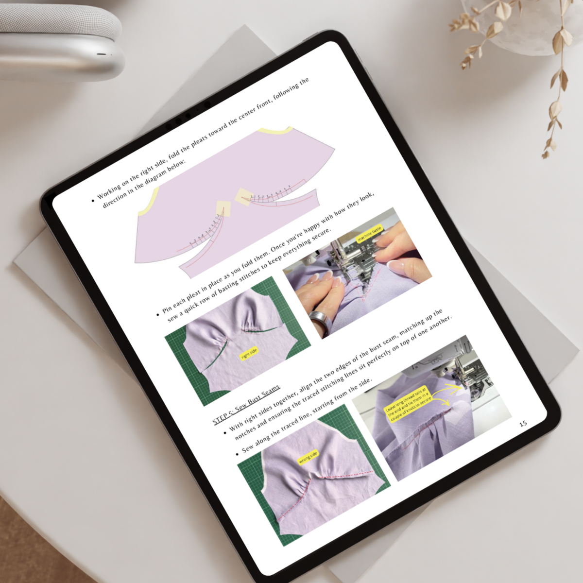 Valentine Dress illustrated instruction booklet shown on a tablet