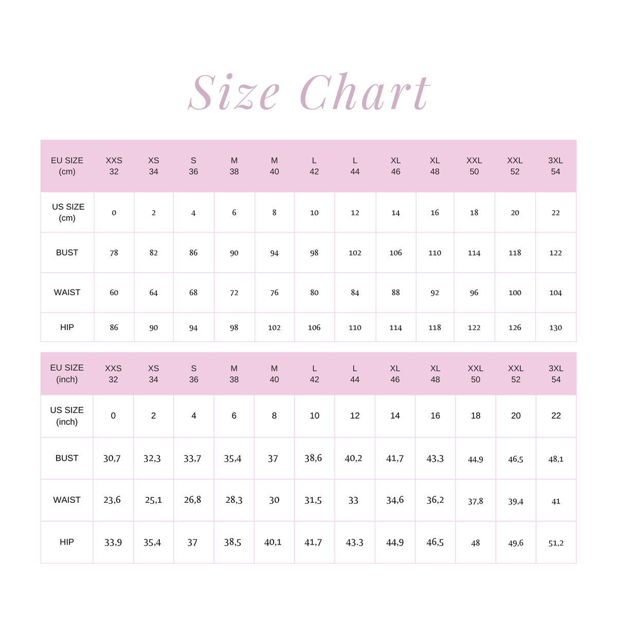 Valentine Dress size chart in cm and inches