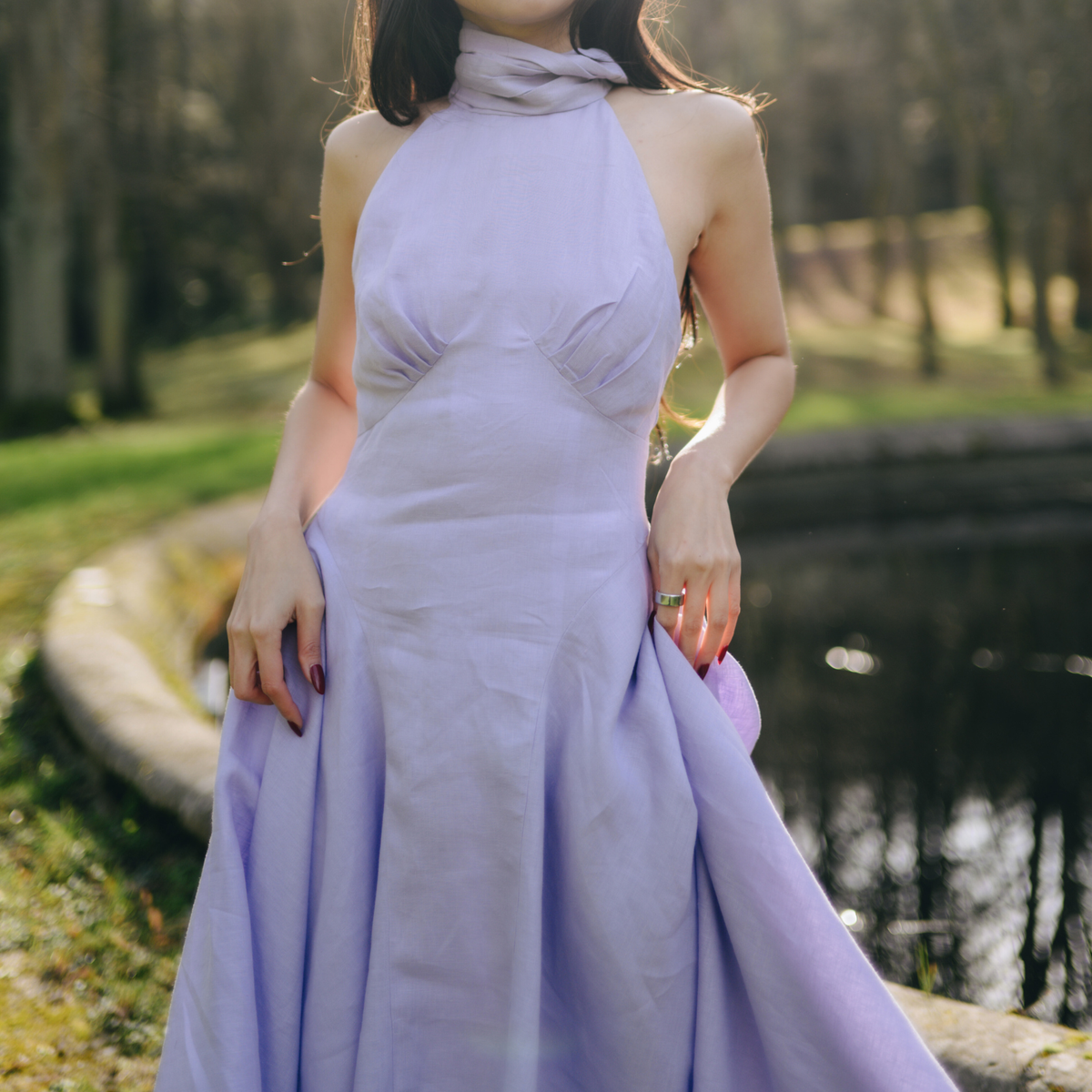 Close-up of the lilac Valentine Dress bodice and halter neck