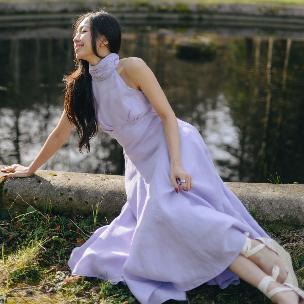 Lilac Valentine halter dress with flowing skirt