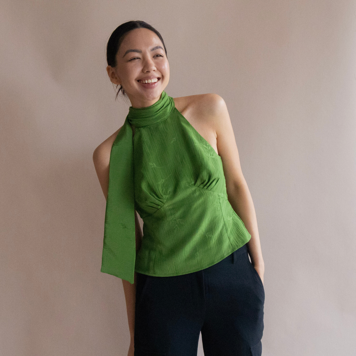 Green Valentine halter top with neck tie