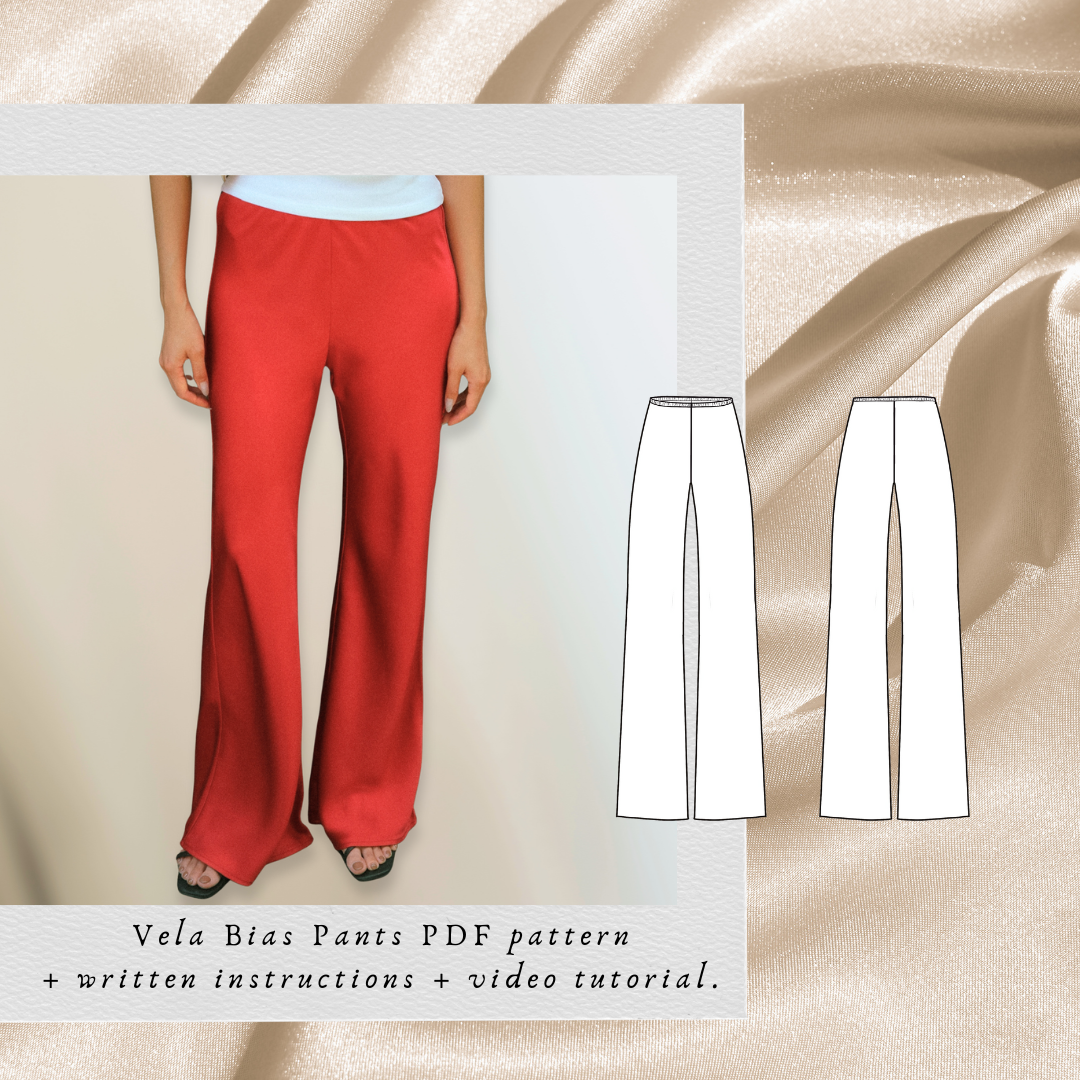 Vela Bias Pants PDF sewing pattern: red satin bias-cut flared trousers with technical drawings
