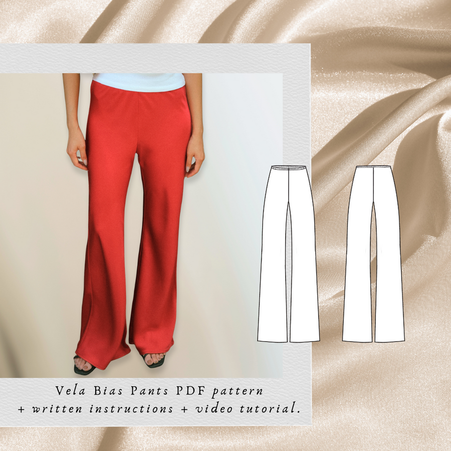 Vela Bias Pants PDF sewing pattern: red satin bias-cut flared trousers with technical drawings
