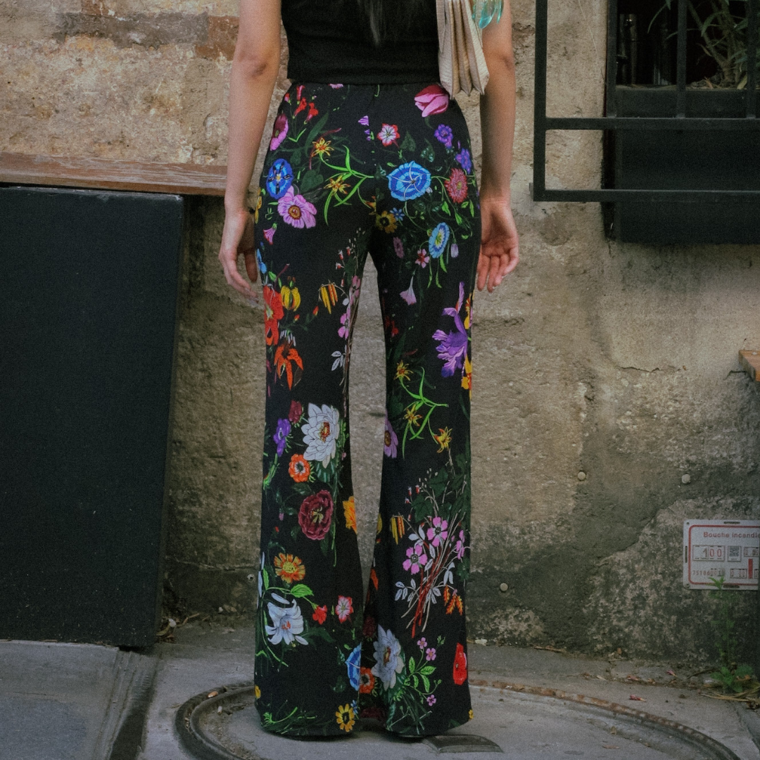 Vela Bias Pants in black floral print, full-length view