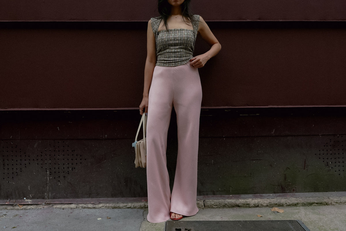 Pink satin Vela Bias Pants, straight no-side-seam version