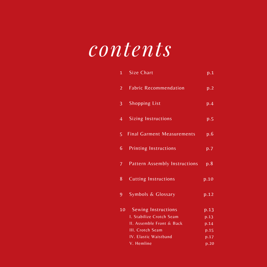 Vela Bias Pants instruction booklet contents page